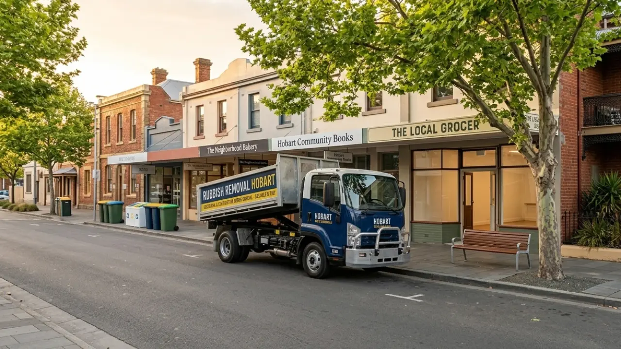 Rubbish Removal Hobart commercial waste tipper truck parked outside local retail shops and storefronts on a street in Hobart.