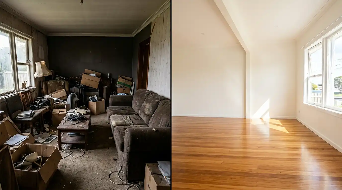 Before and after comparison of a Hobart hoarder house cleanout, showing a room packed with junk furniture transformed into a completely empty, clean room with polished wooden floors.