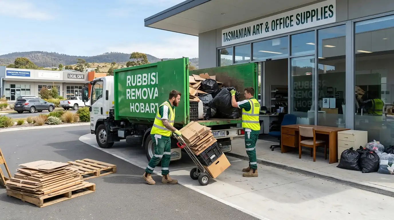 Rubbish Removal Hobart truck collecting commercial waste outside a shopfront in Kingston, Hobart.