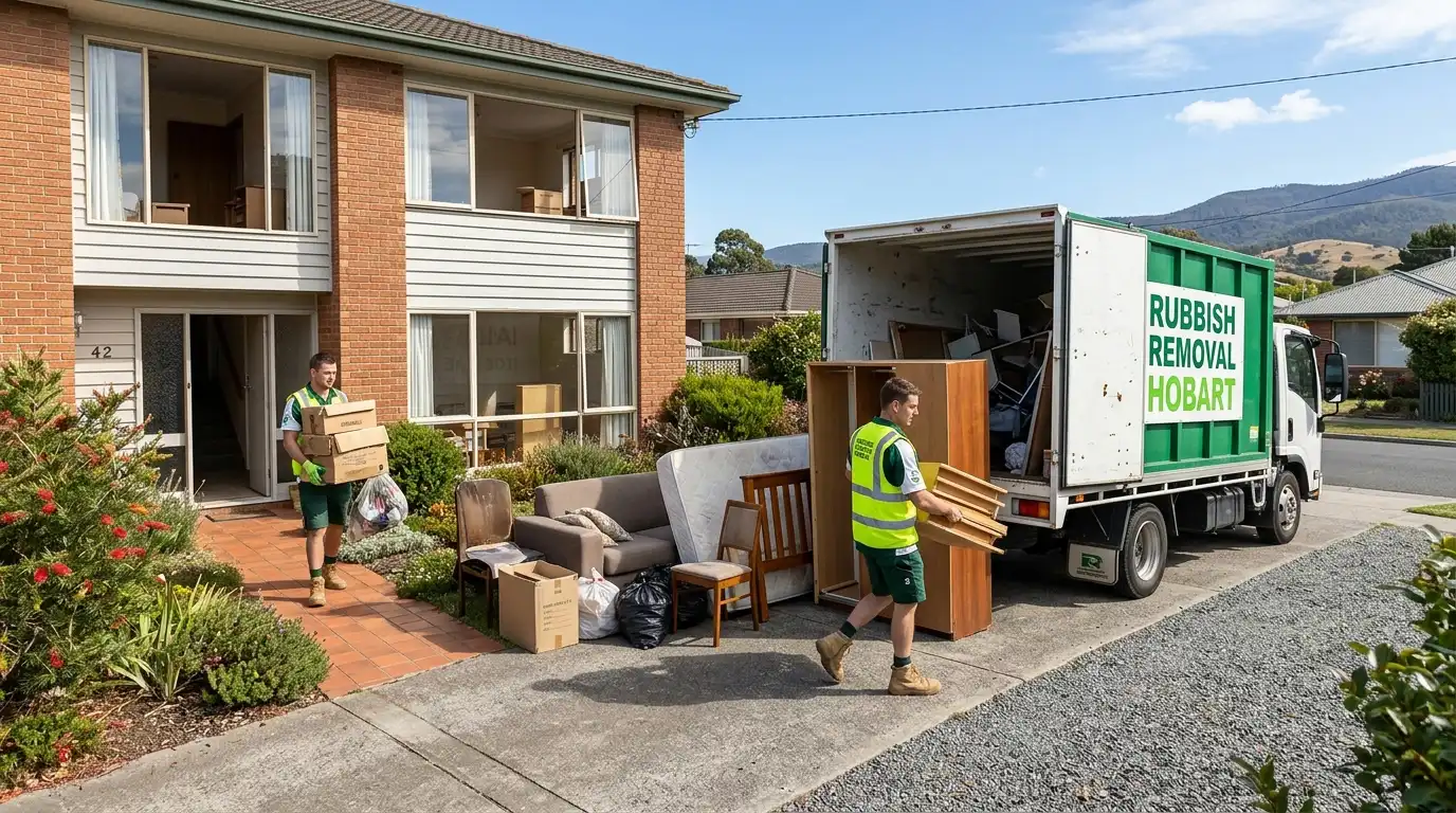 Rubbish Removal Hobart team clearing furniture and boxes during a property cleanout in Kingston, Tasmania.