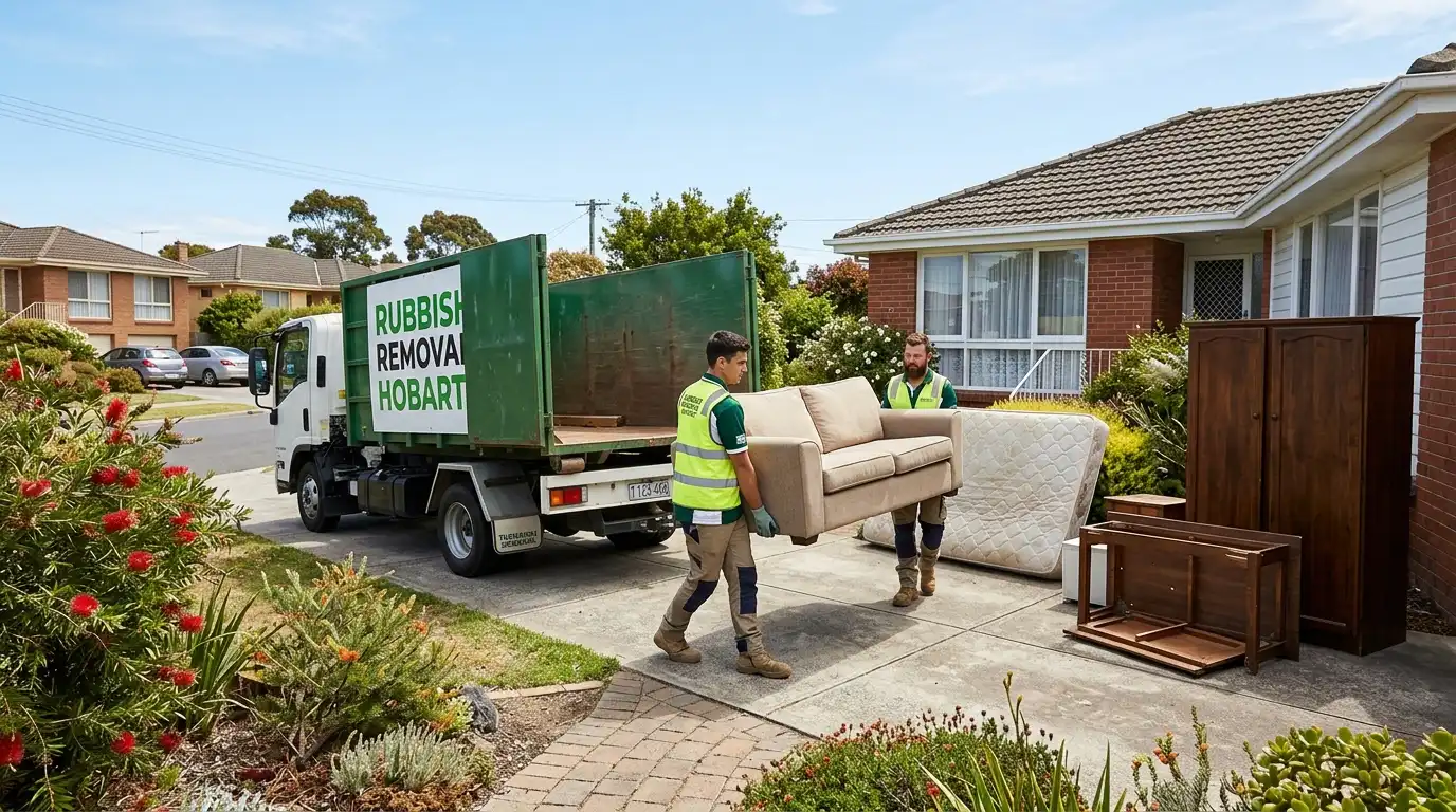 Rubbish Removal Hobart workers carrying a sofa and mattress from a Kingston home for bulky item removal.
