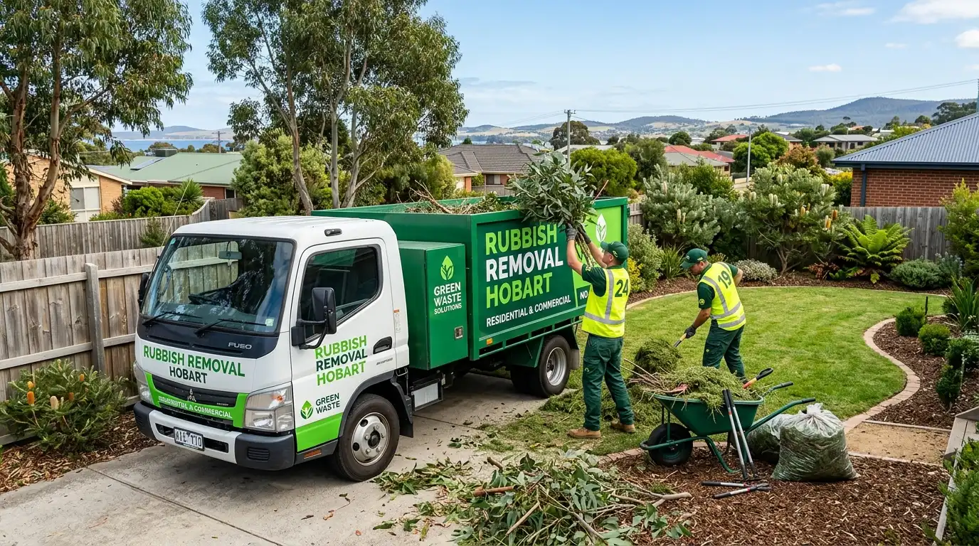 Rubbish Removal Hobart workers loading garden branches and green waste into a truck in a Kingston backyard.