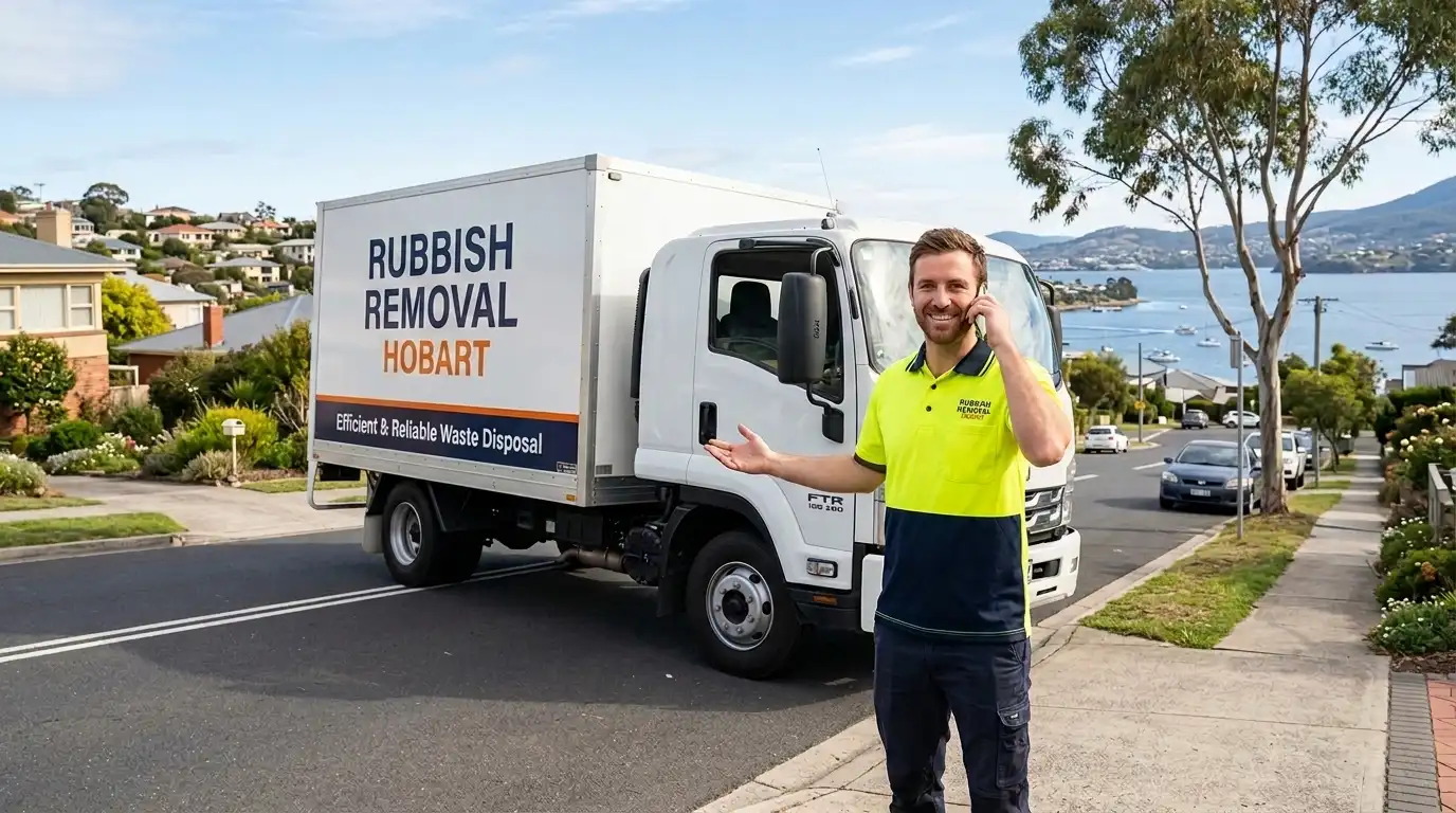 A friendly Rubbish Removal Hobart team member talking on the phone next to a branded waste removal truck on a residential street in Sandy Bay, Tasmania.