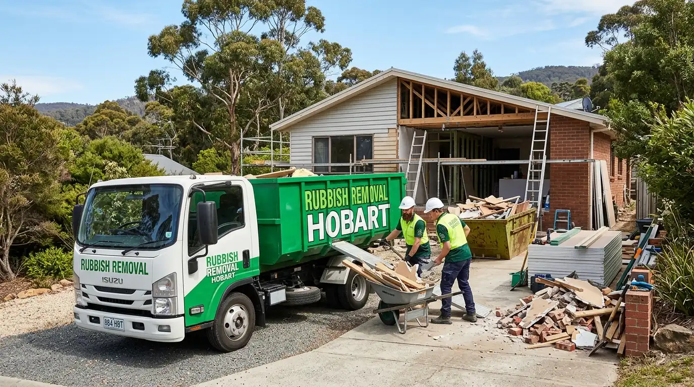 Rubbish Removal Hobart workers clearing construction debris from a home renovation site in Kingston, Tasmania.