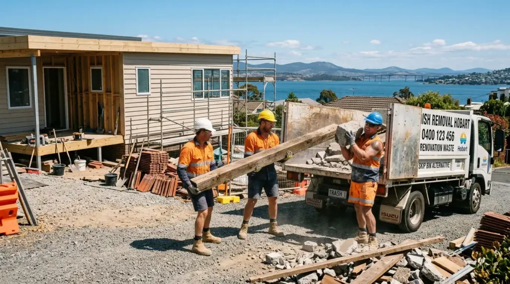 A team of men in high-visibility workwear and hard hats lifting heavy timber beams and concrete debris into a service truck at a house renovation site overlooking the River Derwent in Sandy Bay.