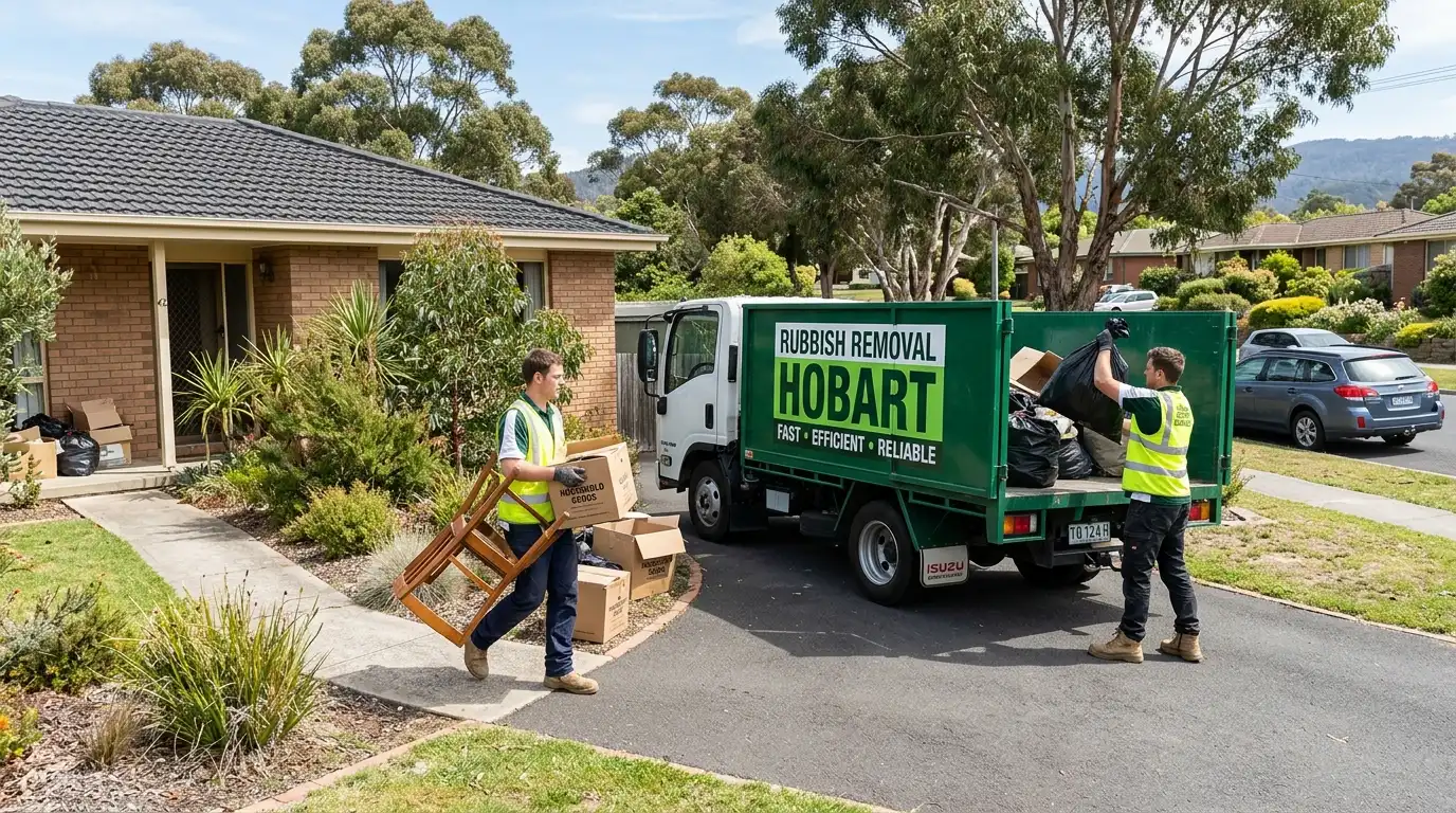 Rubbish Removal Hobart workers loading household junk and furniture into a truck outside a Kingston home.