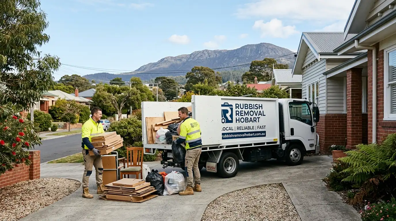 Professional North Hobart rubbish removal service collecting furniture, cardboard, and household waste from a local home in same-day rubbish removal service.