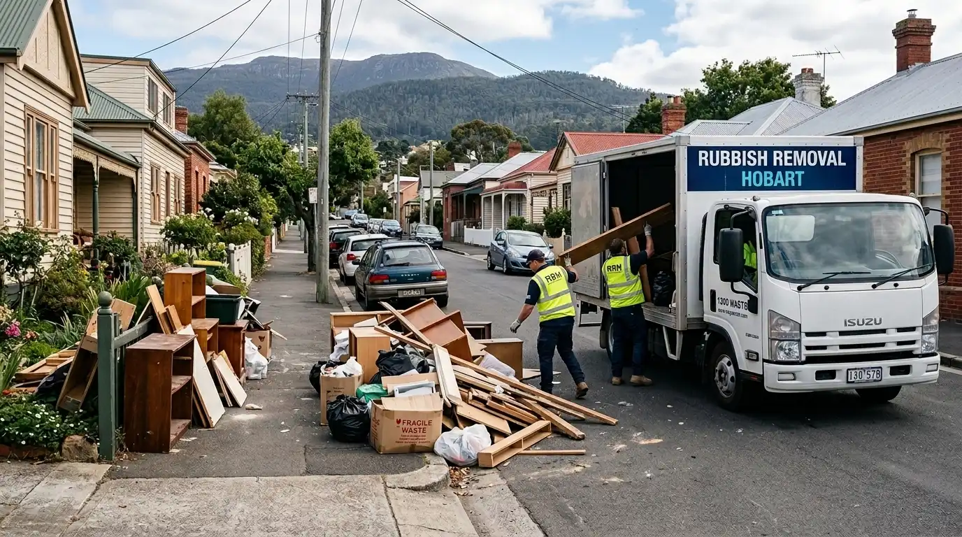 Professional Hobart rubbish removal team loading furniture, timber, and household waste into a collection truck from a property in North Hobart.