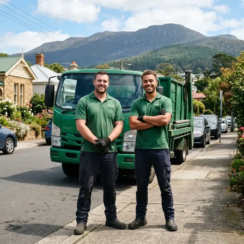 Two professional rubbish removal team members standing in front of a Rubbish Removal Hobart's waste collection truck on a residential street in Hobart, providing furniture waste removal services.