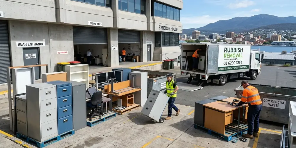 Rubbish Removal Hobart crew loading bulky commercial waste including office furniture, filing cabinets, and desks onto a truck at a Hobart commercial building loading dock.