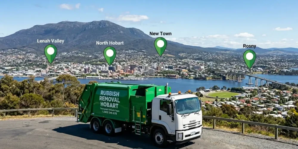 ubbish Removal Hobart service areas map graphic showing a collection truck overlooking Hobart suburbs, including Lenah Valley, North Hobart, New Town, and Rosny.