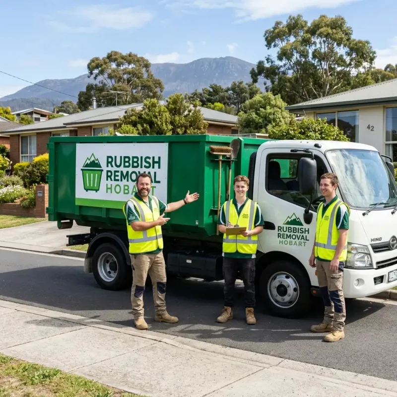 Rubbish Removal Hobart team standing beside their truck on a residential street in Kingston, Tasmania.