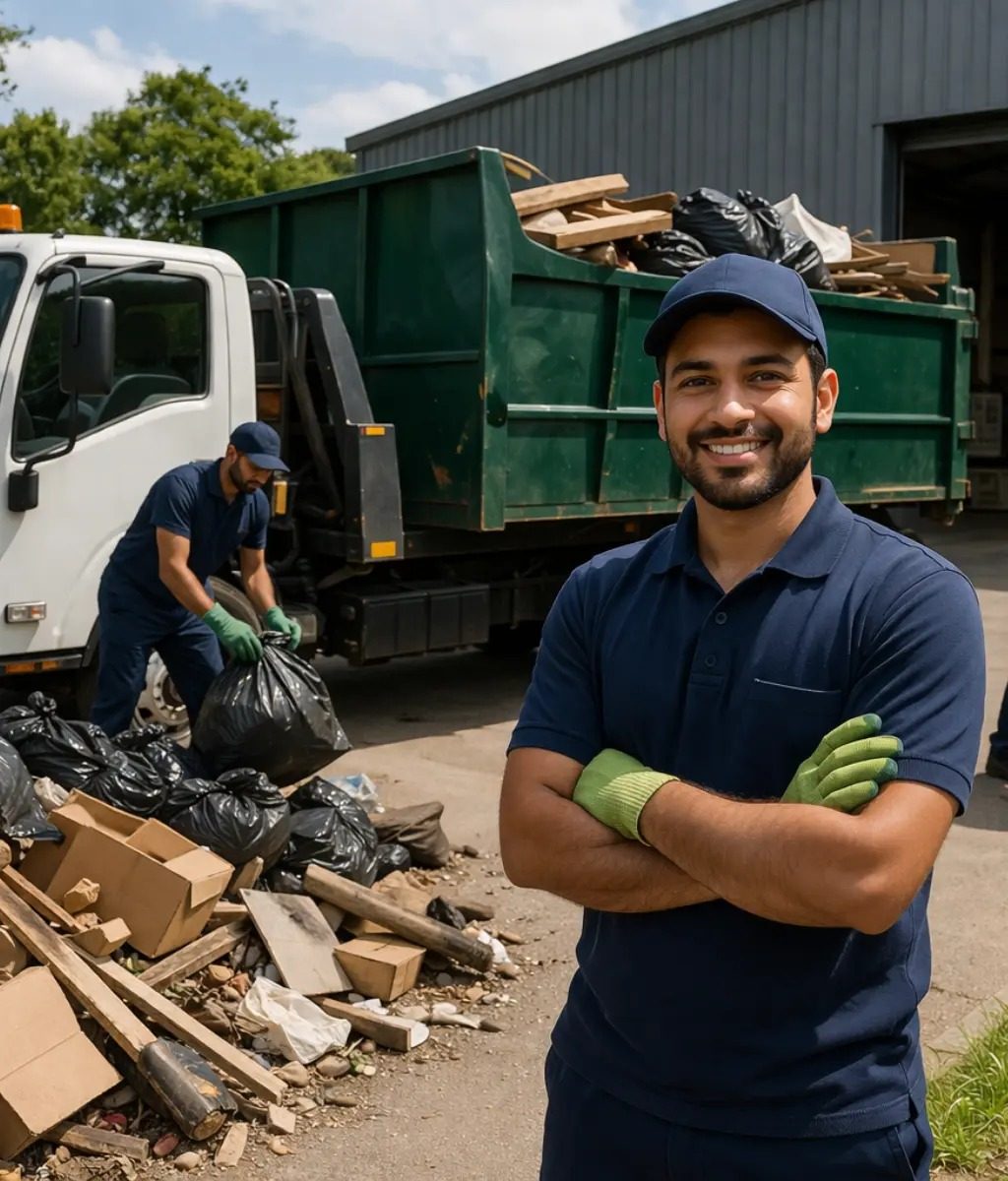 Two workers in navy uniforms and green gloves load trash bags and debris into a green dumpster on a truck outside a warehouse.
