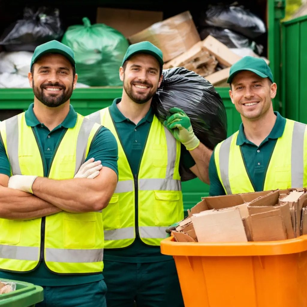 Three sanitation workers in green uniforms and yellow vests stand by a garbage truck filled with bags and cardboard in bins.